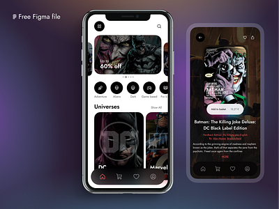 Comic Shop App freebie app blur comics dark theme design ecommerce flat modern shop simple ui