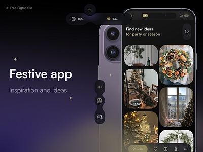 Festive App + freebie app christmas dark theme deco design feed festive flat free freebie idea inspiration inspo modern new year party simple ui