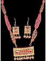 Pink Beaded Necklace and Earrings Set with Dangling Pendant