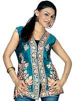 Sea-Green Waistcoat with Aari Embroidered Chinar Leaves