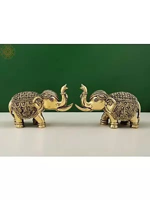 4" Engraved Lakshmi Ganesha Pair of Elephant Statues with Trunk Up | Handmade