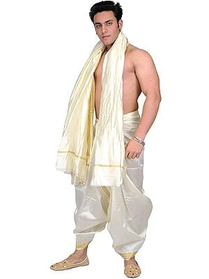 Cream Dhoti and Angavastram with Golden Woven Border