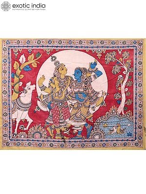 Dancing Radha Krishna with Cow | Kalamkari Art