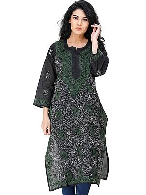 Jet-Black Lukhnavi Chikan Kurti with Embroidered Flowers and Paisleys All-Over