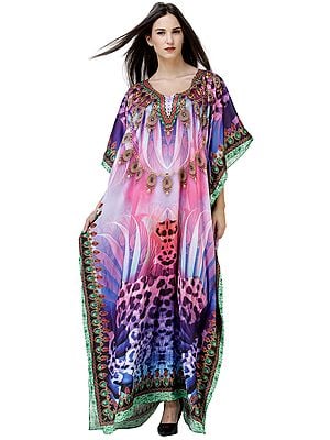 Radiant Orchid Long Printed Kaftan Embellished with Multicolor Crystals