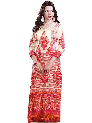 Cream and Geranium Long Kurti with Digital-Printed Paisleys