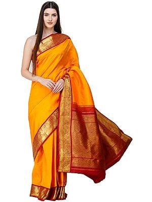 Bright-Marigold Brocaded Kanjivaram Sari from Chennai with Intricate Work on Pallu