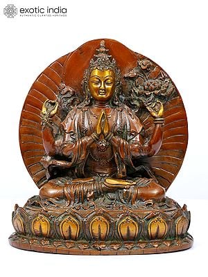 9" Tibetan Buddhist Deity Chenrezig Brass Statue | Four Armed Avalokiteshvara Idol