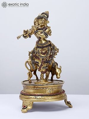 10" Cow Krishna | Brass Statue with Stone Work