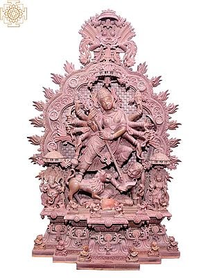 Superfine Ornamented Goddess Durga Idol Killing Mahishasura | Pink Stone Statue