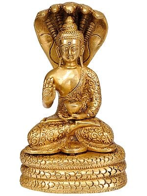 7" Serpent Muchalinda Shelters Lord Buddha Brass Idol | Handmade