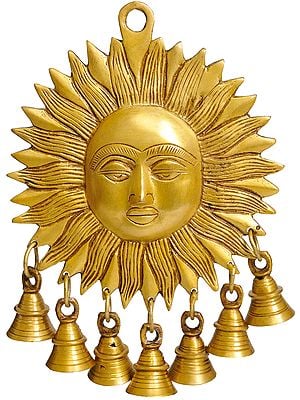 8" Surya Wall-Hanging Statue: Auspicious Motif of Sun with Bells in Brass | Handmade | Made in India