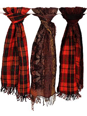 Assorted Lot of Three Reversible Jacquard Jamawar Scarves