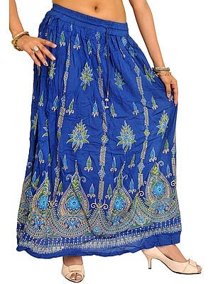 Long Skirt with Printed Flowers and Embroidered Sequins