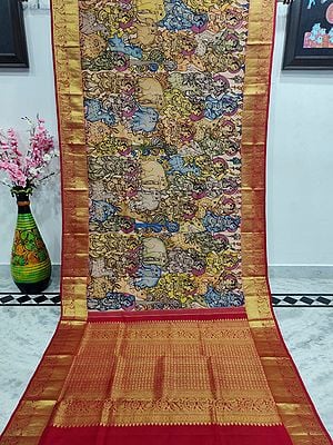 Multicolor Gopiyaan in Upavan Kalamkari Paint Saree with Brocade Vine & Paisley in Windowpane Pattern on Pallu