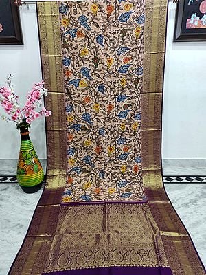 Salsa-Rosa Kalmakari Kanjivaram Silk Saree with All-Over Oleander Vine Painted and Paisley Brocaded on Pallu