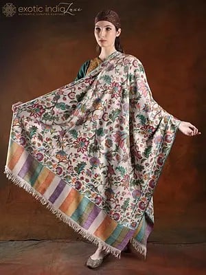 Snow-White Pashmina Machine Spun Floral Motif Kani Jamawar Shawl