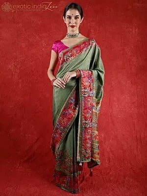 Elm-Green Zari Brocaded Kani Handloom Saree from Kashmir with Woven Marriage Processions