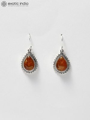 Teardrop Shaped Cabochon Amber Earrings