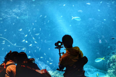 Rear view of people standing in aquarium