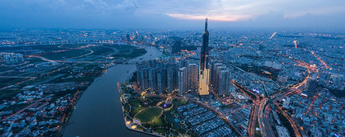 Panoramic drone view cityscape of ho chi minh city with twilight sky