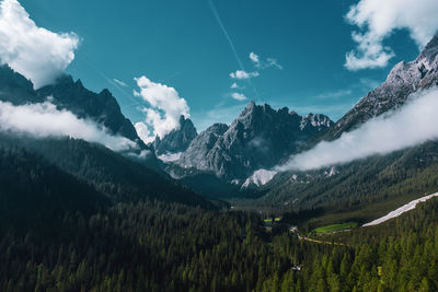 Panoramic view of the sesto dolomites . drone photography.