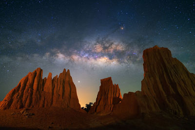 Panoramic view of rock formations with milkyway