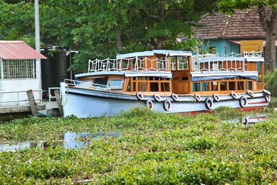 Boat moored on field against tree