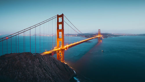 Golden gate bridge over sea against clear sky during sunset