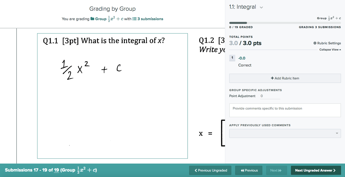 Grading interface for grading by group for a sample math question