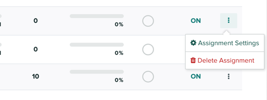 A popover with quick action to assignment settings and deleting the selected assignment.