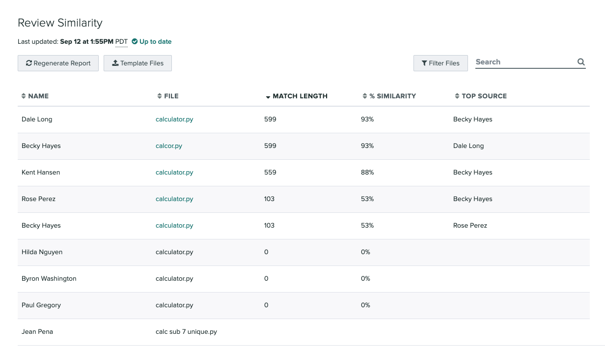 Student-submitted files for a sample submission, each listed along with the file that's most similar to it