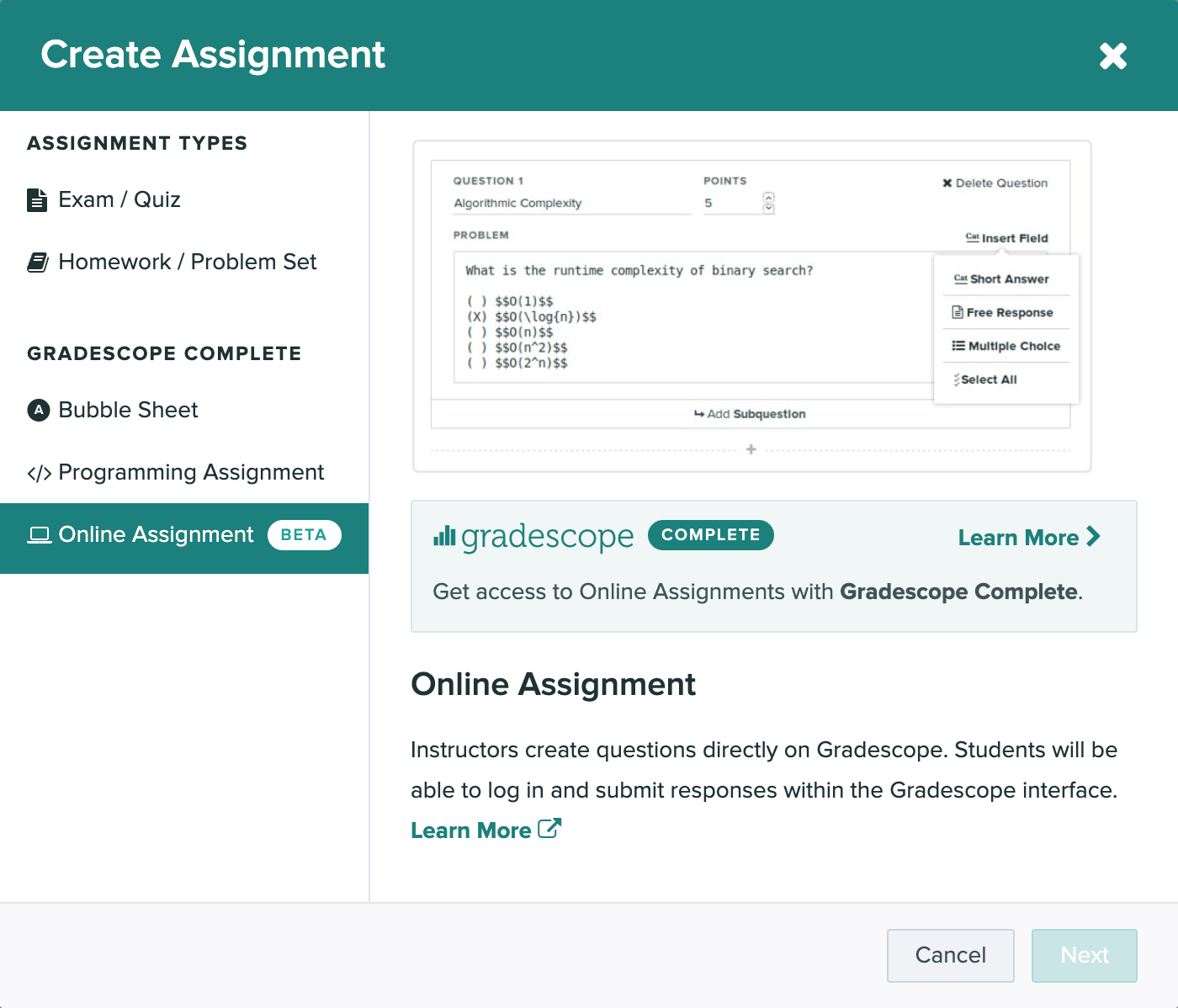 The create assignment modal is open and the bubble sheet option is selected.