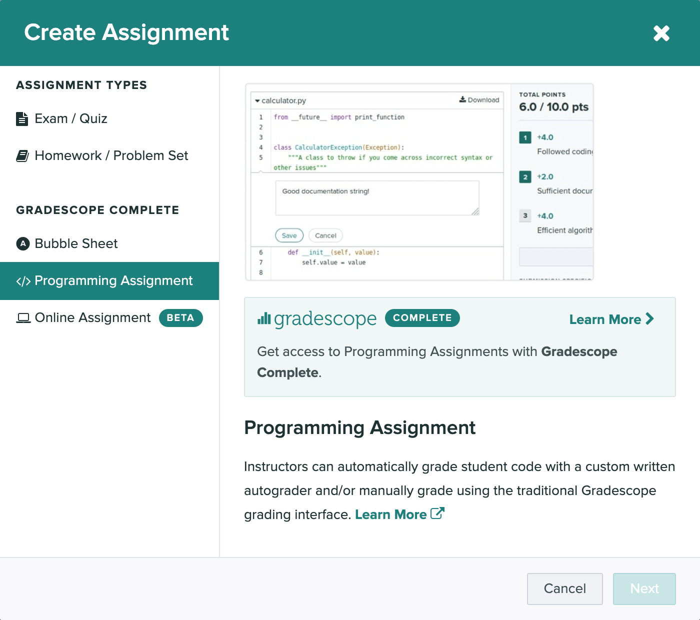 The create assignment modal is open and the bubble sheet option is selected.