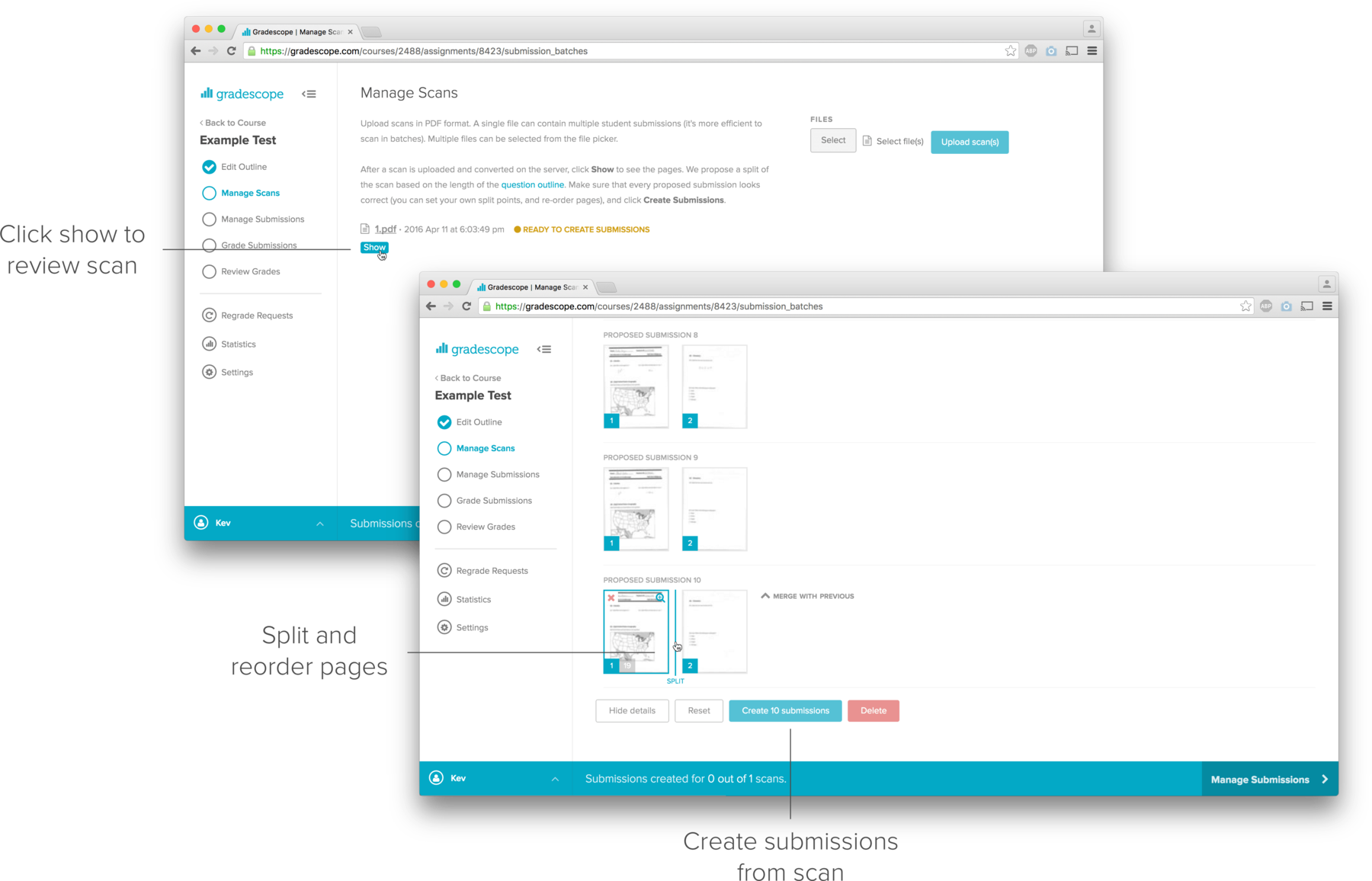 How to review and edit proposed splits of the scan, and then create submissions