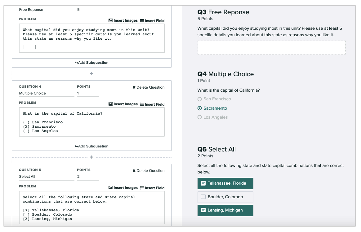 Multiple choice and select all questions