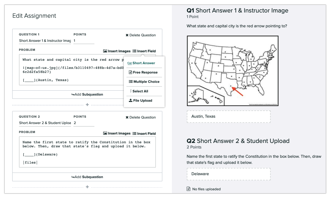 Short answer and file upload questions