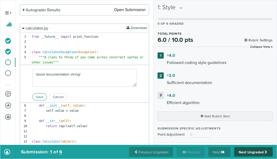 Manual grading interface with the ability to use a rubric, add submission-specific point adjustments/comments and leave comments on specific lines in student code