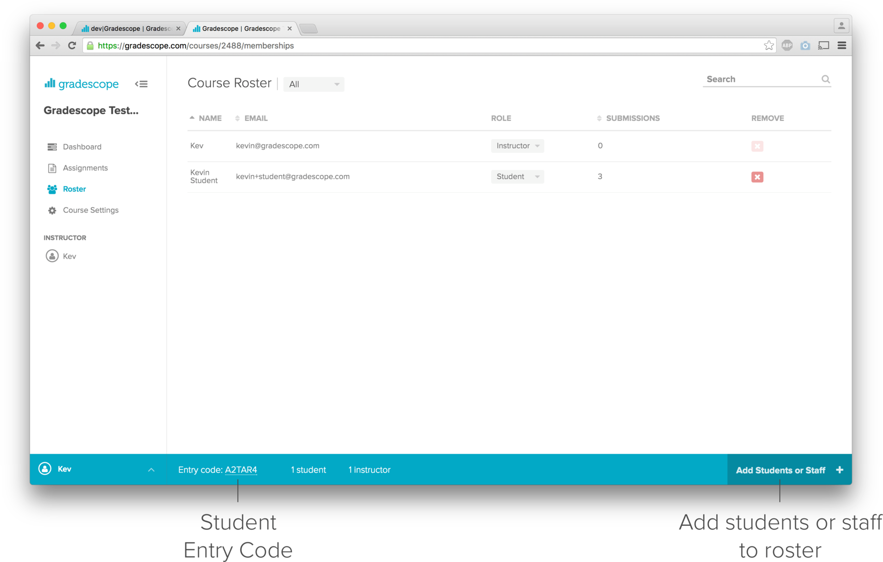 Course Roster page showing the different options for adding course members - adding a single member, uploading a roster in CSV format, or distributing an entry code that students can use to add themselves to the course