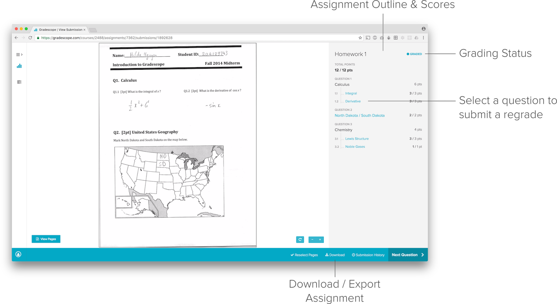 Interface for viewing your submission and the assignment outline after grades are published