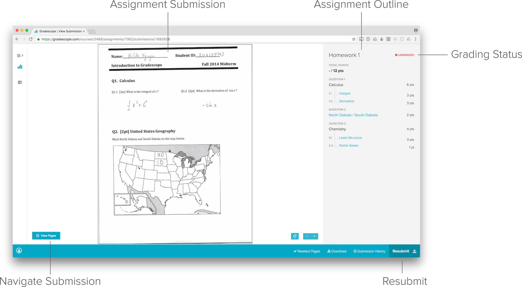 Interface for viewing your submission and the assignment outline before grading