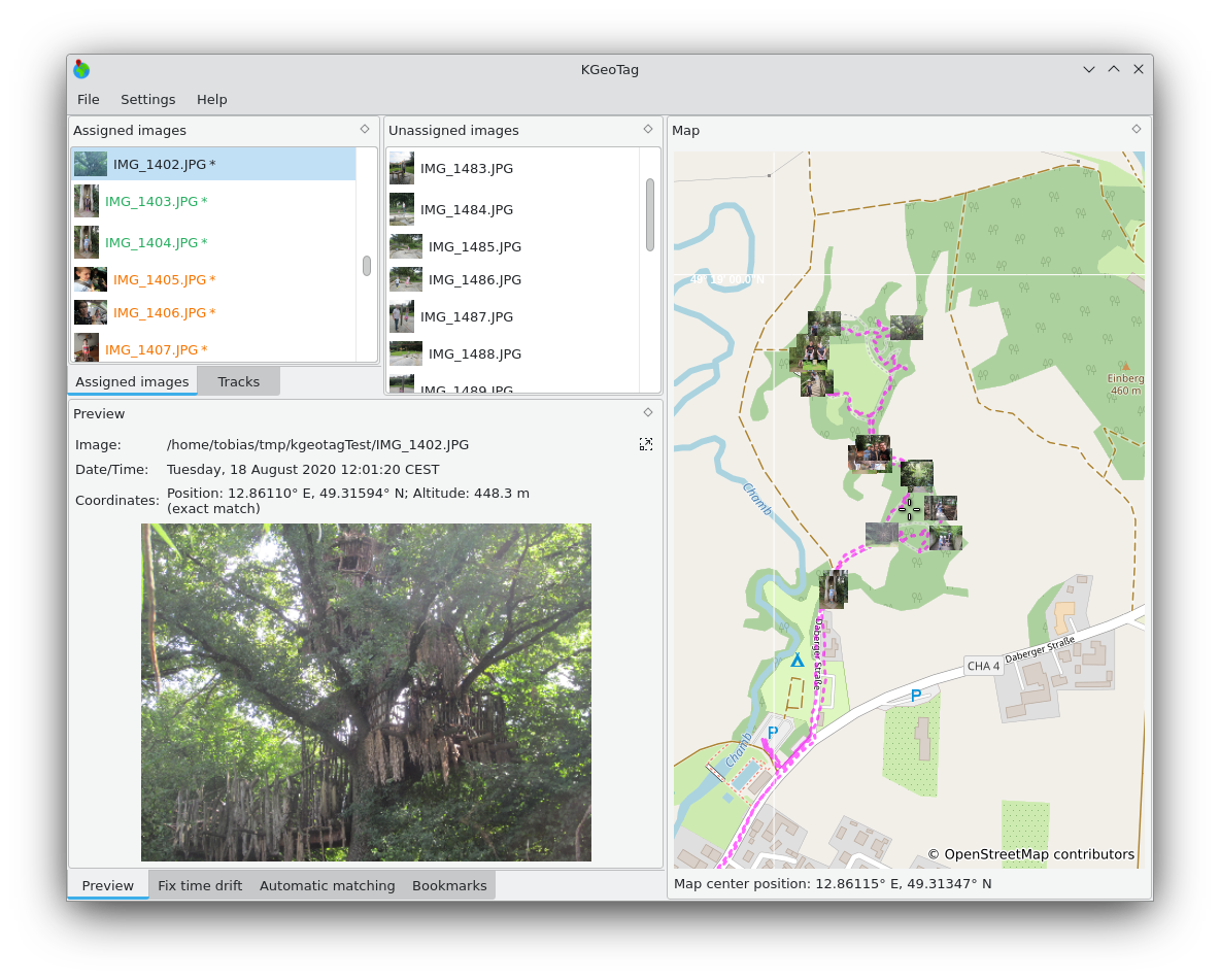 Screenshot of KGeoTag showing a track on a map with some image preview allong the track