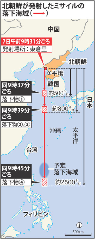 北朝鮮が発射したミサイルの落下海域