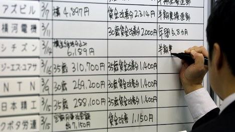 労使交渉の回答状況をまとめたボード＝２０１６年３月１６日、森田剛史撮影