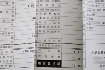 ある大学医学部付属病院で、無保険のフィリピン人男性に出された請求書。皮膚がんの検査などで通常の300％に当たる約17万円を請求され、支援団体が負担。治療のめどは立っていないという。（画像の一部を加工しています）＝支援者提供