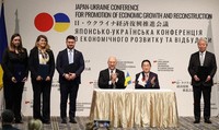 Japanese Prime Minister Fumio Kishida, second from right, attends the Japan-Ukraine Conference for Promotion of Economic Growth and Reconstruction in Tokyo's Chiyoda Ward on Feb. 19, 2024. (Pool photo)