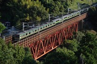 A train crosses the bridge over the Shiraito River in Odawara, Kanagawa Prefecture, on Oct. 27, 2024. (Mainichi/Osamu Sukagawa)