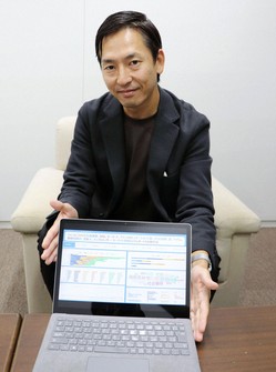 Tatsuro Yamamoto, CEO of Tokyo-based IT service firm Kentoshi Inc., presents an analysis of Chinese social media platforms in Tokyo on Oct. 18, 2024. (Kyodo)