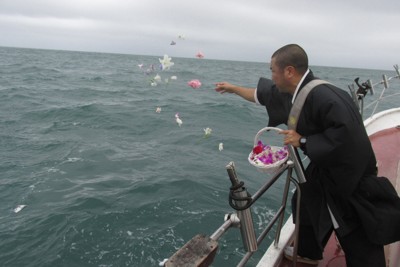 南房総の海に散骨後、花びらをまく妙海寺の佐々木教道住職＝千葉県勝浦市で2024年10月5日午後2時26分、岡田英撮影