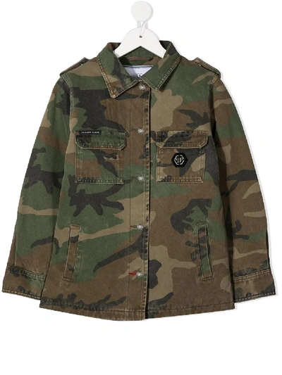 Philipp Plein Kids' Teddy Bear Camouflage Jacket In Green